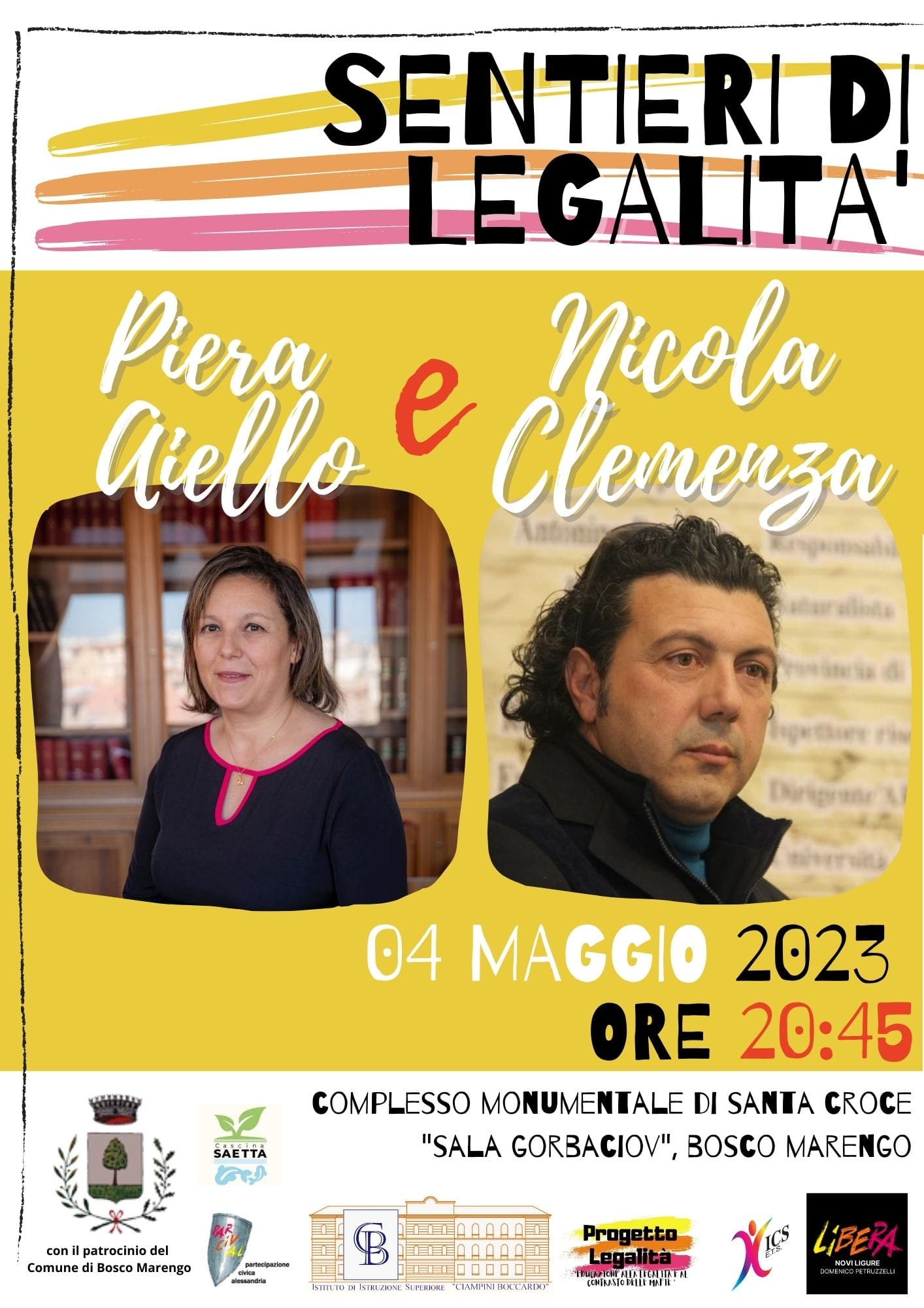 Scuola di Legalità, giovedì 4 Maggio a Bosco Marengo incontro con Piera Aiello e Nicola Clemenza